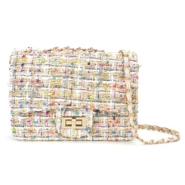 Imagem de TXMAQQ Bolsa feminina quadrada xadrez de tweed, bolsa de ombro moderna de grande capacidade, bolsa de mão com corrente cruzada, bolsa de mão, Branco 5