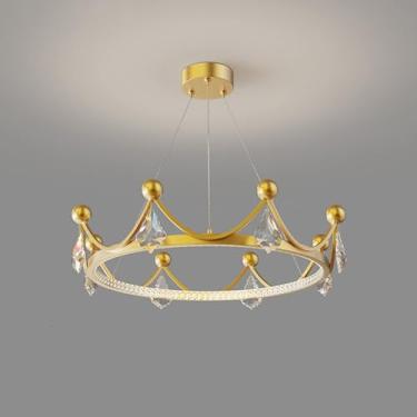 Imagem de Lustre de cristal para quarto de crianças, lustre dourado de coroa de princesa, luz pendente LED regulável, redondo, rosa, luminária de teto infantil para quarto de criança, berçário, sala d