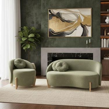 Imagem de Conjunto 01 Poltrona + Sofá Curvo Orgânico Amsterdã Bouclê Verde Oliva