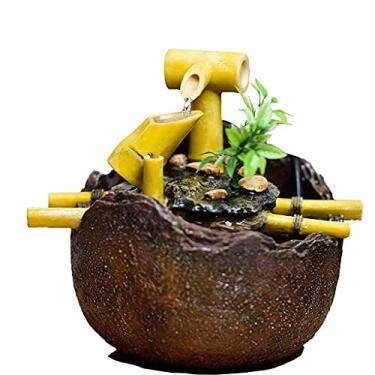Imagem de FKJLUN Fonte de água de mesa criativa para decoração de fonte de bambu de mesa, ornamentos domésticos para uso interno, fonte de água de resina com simulação de planta verde decoração relaxante fonte