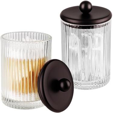 Imagem de SheeChung Dispensador de suporte Qtip 2 unidades, frascos de boticário de vidro com tampas, vasilhas de bancada para banheiro de hóspedes - Organizador de vaidade para algodão redondo/bolas/blocos