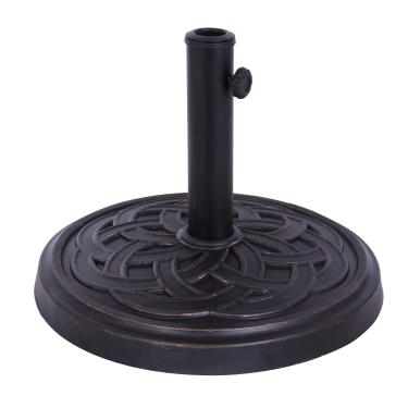 Imagem de Backyard Expressions Base de guarda-chuva redonda resistente de 12 kg – Resina de carbonato de cálcio resistente ao clima com design de trama de bronze – Serve para postes de 3,8 cm a 5 cm, fácil