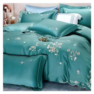 Imagem de Jogo de cama de luxo 1000 fios 1000% algodão de qualidade suprema com flores bordadas, jogo de edredom plano/lençol com elástico (F QUEEN_PLAT)