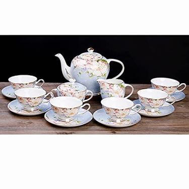 Imagem de Conjuntos de chá de porcelana Bone China xícaras de café vintage e de 6, com bule de chá, açucareiro, para casamento e casa, rosa (azul) (rosa) (azul)