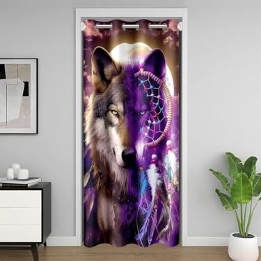 Imagem de Feelyou Cortina blackout Wolf 30%-50% 1 painel, 1 painel, cortina de porta uivando lobos para porta privacidade animais selvagens closet porta cortina para viver Boho Dream Catcher portas com janelas