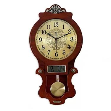 Imagem de ZYHSIJOBAS Relógio de parede retrô de madeira, silencioso, sem tique-taque, operado por bateria, números, relógio de parede com calendário perpétuo e termômetro para decoração de casa/escritório