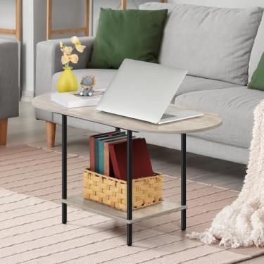 Imagem de ETELI Mesa de centro redonda para pequenos espaços de fazenda, mesa de centro oval com prateleira de 2 andares, mesa de chá central circular para sala de estar, cinza