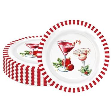 Imagem de LeZakaa 25 peças de pratos de papel de martini de Natal, design de bebida de coquetel, Cheers to Christmas, pratos de festa descartáveis listrados vermelhos decorativos suprimentos de mesa decoração