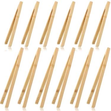 Imagem de 12 pinças de bambu para torradeira de 25 cm e 25 cm de madeira natural com pinças de torrada de cozinha antiderrapantes para servir torradas, pão, picles, queijo, muffins de frutas, salada
