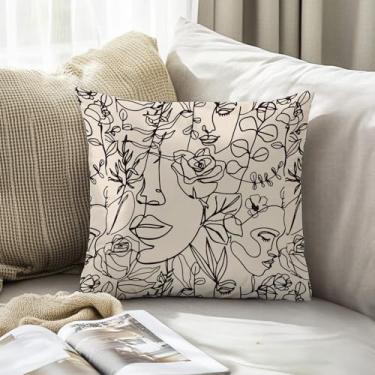 Imagem de Capas de almofada de rosto feminino abstrato boho neutro floral 45,7 x 45,7 cm, moderno, boêmio, botânico, feminino, decorativo, para casa, quarto, sala de estar, apartamento