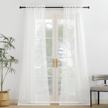Imagem de Cortinas brancas transparentes de 300 cm de comprimento, 2 painéis, com filtragem de luz, voile enrugado, leve, bolso para varão, para quarto, sala de estar, cada um 76 cm L x 120 C, branco marfim