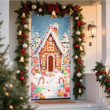 Imagem de NYZE Capa de porta de Natal, decoração de Papai Noel, decoração de Natal, pão de gengibre, faixa de Natal para férias em casa (casa de gengibre)