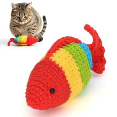 Imagem de WaoDoing Brinquedo de gato de peixe de crochê à mão com erva de gato e sino, brinquedos interativos naturais para gatos internos, brinquedos macios de erva de gato em cores sortidas