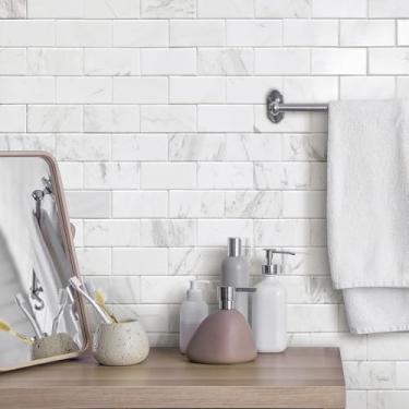 Imagem de Azulejo de mármore Backsplash para metrô de 5 folhas, azulejos autoadesivos de pedra natural branca de 30 x 30 cm, suporte para cozinha, banheiro, lareira