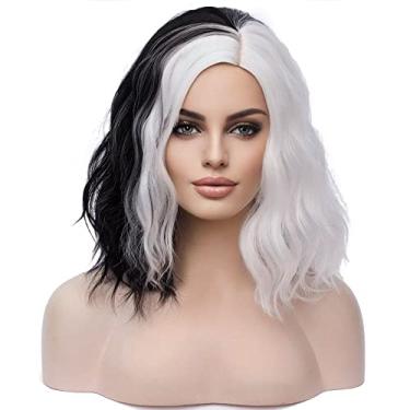 Imagem de MAGQOO Peruca branca preta na parte lateral de cabelo ondulado cacheado curto sintético resistente ao calor cosplay fantasia festa perucas (preto e branco, feminino)