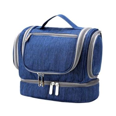 Imagem de MotiveTech Bolsa de viagem para artigos de higiene pessoal Bolsa de cosméticos Organizador de maquiagem com gancho para pendurar pasta de dente, xampu e, Azul