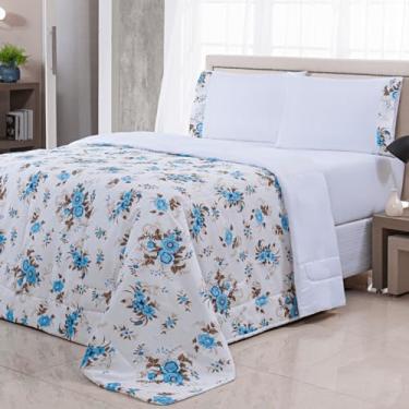 Imagem de Kit Edredom + Lençol de Cama Casal Premium, 4 Peças, Percal 400 Fios, Edredom Dupla Face com Lençol Elástico, Estampas Sortidas (Azul Sereno)