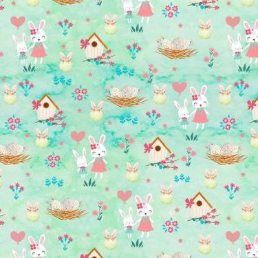 Imagem de Tecido Tricoline Coelhinhas e Floral (Coelhos Páscoa) Páscoa colorida 
