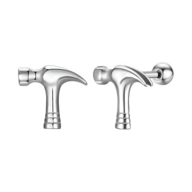 Imagem de Rockyu Brincos masculinos de martelo de aço inoxidável prateados hipoalergênicos motivo acessório casual presente