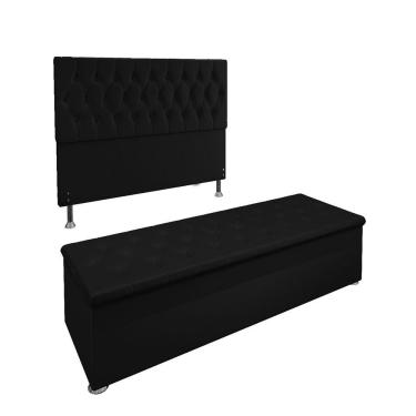 Imagem de Conjunto Cabeceira Casal e Recamier Baú 1,40m Suede Preto
