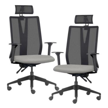 Imagem de Kit 2 Cadeiras Escritório Giratória Presidente Flow F02 Base Preta Crepe Cinza - Lyam Decor