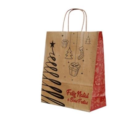 Imagem de Sacola Papel Kraft Alça PP, P, M e G 50und lembrancinha presente Natal caixa sapato pardo natural Feito c/Amor(P FELIZ NATAL)