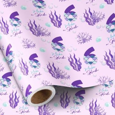 Imagem de RUSPEPA Rolo de papel de embrulho de 6º aniversário, mini rolo, cauda de sereia roxa número 6 e embrulho de presente com texto "Make a Splash" para meninas, festa de aniversário infantil, 43 cm x 40
