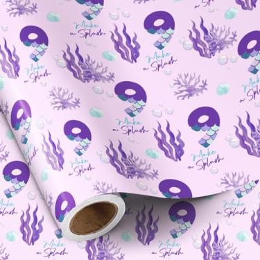 Imagem de RUSPEPA Rolo de papel de embrulho de 9º aniversário, mini rolo, cauda de sereia roxa número 9 e embrulho de presente com texto "Make a Splash" para meninas, festa de aniversário infantil, 43 cm x 40