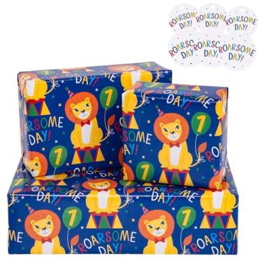 Imagem de RUSPEPA Folhas de papel de embrulho de aniversário com padrão de leão de aniversário de 1 ano ótimo para embrulho de presente de aniversário, 6 folhas dobráveis em cada conjunto, 68 cm x 48 cm, 1 ano
