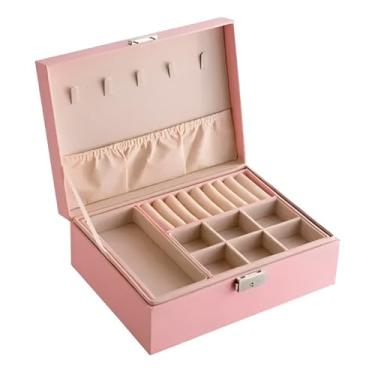 Imagem de Maleta Porta Joias, Organizador de Joias em Couro PU, 2 Camadas com 19 Compartimentos, Fechadura com Chave, 17.5x9x23cm (Rosa)