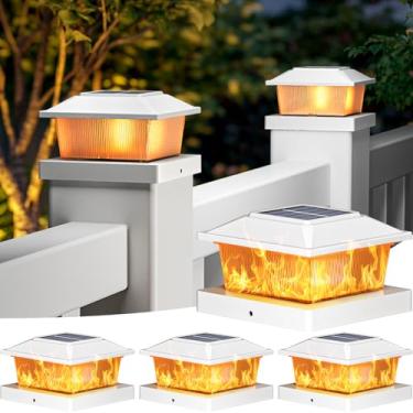 Imagem de btfarm Luzes de poste de chama solar 4 x 4 ao ar livre, pacote com 4 luzes de poste de cerca de chamas cintilantes, iluminação à prova d'água, alimentada por energia solar, ajuste externo de 10 x 10 x