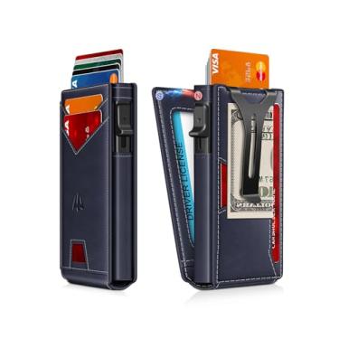 Imagem de Carteira masculina, fina minimalista com clipe para dinheiro e janela para identidade, porta-cartão de crédito pop-up com bloqueio de RFID, carteira masculina inteligente de alumínio para 9 a 13