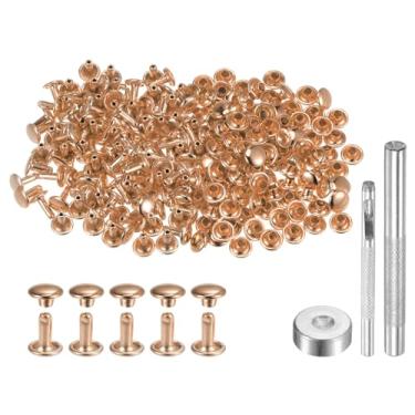 Imagem de HARFINGTON 100 conjuntos de rebites de couro 8 x 7 mm metal dupla tampa rebite fechos de parafusos com 3 peças ferramentas de configuração para artesanato em couro, decoração de reparo DIY, tom