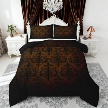Imagem de Castle Fairy Conjunto de edredom infantil damasco marrom preto, tamanho Queen, vintage, gótico, renda, estampa floral, reversível, para adultos, antigo, barroco vitoriano, boêmio, luxuoso, com 2