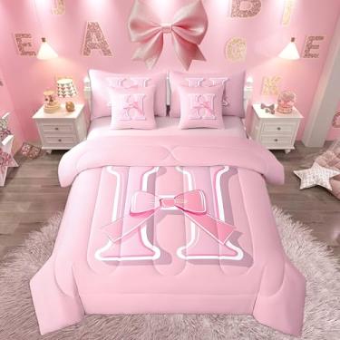 Imagem de jejeloiu Conjunto de cama com laço sonhador, tamanho solteiro, decoração feminina romântica ultramacia, letra H, conjunto de 7 peças, presente de cama personalizado para meninas adolescentes em uma