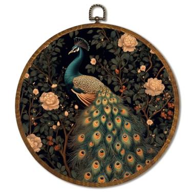 Imagem de Arte de parede redonda vintage inspirada em William Morris, impressões em tela de pavão vintage com design floral, decoração emoldurada de arte de parede animal para casa, banheiro, sala de estar