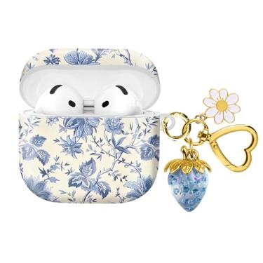 Imagem de Compatível com AirPod 4, 2024, a capa de fone de ouvido sem fio de proteção total à prova de choque vem com um lindo e lindo pingente de chaveiro de morango, adequado para mulheres (flores azuis