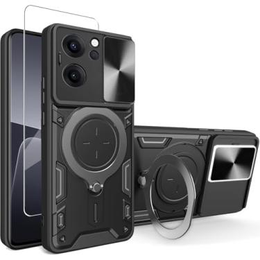 Imagem de WRTBS Capa de telefone para Oppo Reno14 F 5G com protetor de tela de vidro, capa de proteção de câmera deslizante embutida, capa protetora de corpo inteiro militar resistente - preta