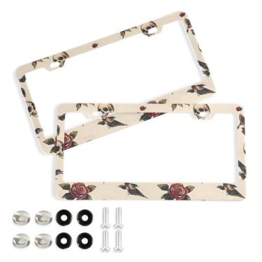 Imagem de SEHANY Molduras de placa de carro vintage rosa crânio, capas de alumínio à prova de ferrugem com furos elípticos e parafusos serve para veículos padrão dos EUA tamanho acessórios de carro para