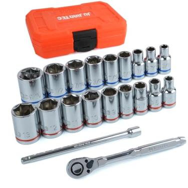 Imagem de JU JIAN TEC Conjunto de soquetes rasos de 20 peças, SAE/Metric (3/40.6 cm-9/40.6 cm e 5 mm-13 mm) com catraca e barra de extensão, aço cromo vanádio premium, 6 pontos, com caixa moldada