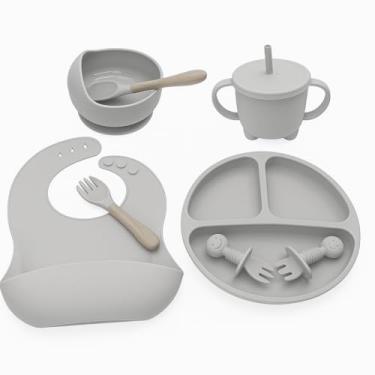 Imagem de Kit de Introdução Alimentar para Bebê 8 Peças em Silicone, Utensílios para Comida Sólida e Primeiras Refeições (Cinza)