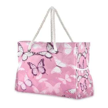 Imagem de Wassud Bolsa de praia fofas borboletas grandes bolsas de praia para mulheres, à prova d'água, à prova de areia, bolsa de viagem com zíper e bolso para piscina, academia, acampamento