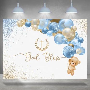 Imagem de Rsuuinu 2,1 x 1,5 m, pano de fundo God Bless, urso, balão azul, primeira comunhão, batismo, fotografia, fundo, para meninos, chá de bebê, decorações de festa de aniversário, banner, lembrancinhas