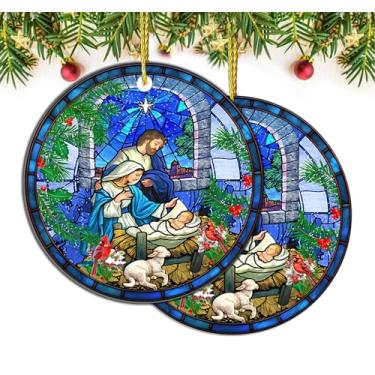 Imagem de Enfeites de presépio cristão – Conjunto de 2 decorações de árvore de Natal de Jesus em acrílico