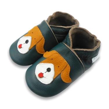 Imagem de Basrakids Sapatos De Bebê Mocassins Couro Para Meninas E Meninos, Pantufas Com Sola Macia Antiderrapante, Leves Bebês Pequenos, Primeiros Passos (Gg, Azul-Marinho + Cachorro)