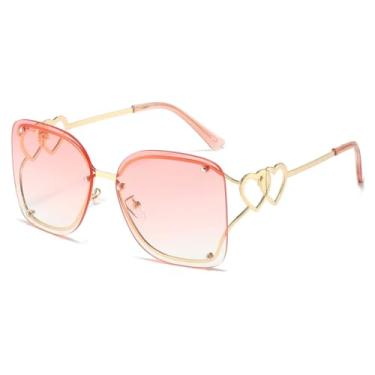 Imagem de HCHES Óculos de Sol Femininos Retro Degradê Sem Armação em Formato de Coração Duplo com Lentes de Metal, Proteção UV400 (Rosa Dourado)