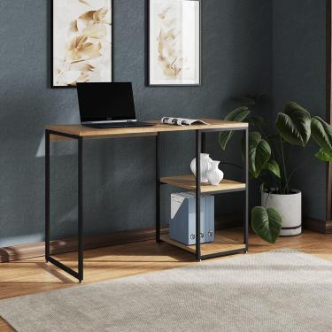 Imagem de Mesa Escritório Berlim Industrial Com Prateleira Ferro Preto Tampo 110x46 Freijó