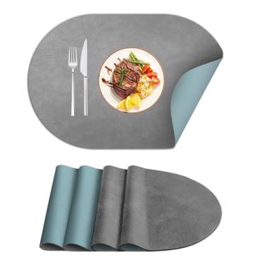 Imagem de [Mikoyi] Jogo americano oval lavável, conjunto de 4, tapetes de mesa de couro sintético para cozinha/café/escritório, tapetes de mesa de plástico limpáveis antiderrapantes com textura dupla face (45 x