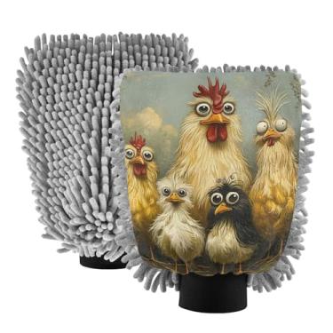 Imagem de ODAWA Luva absorvente de microfibra para lavagem de carro, pacote com 2, galinhas engraçadas, 18 cm C x 26 cm L