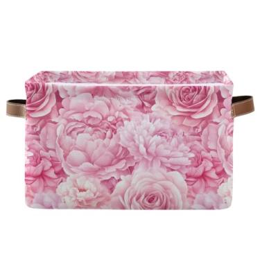 Imagem de Cestas de armazenamento de 36 cm com alças – caixas de armazenamento retangulares dobráveis decorativas para escritório em casa, quarto, flor, peônia, rosa, 1 pacote